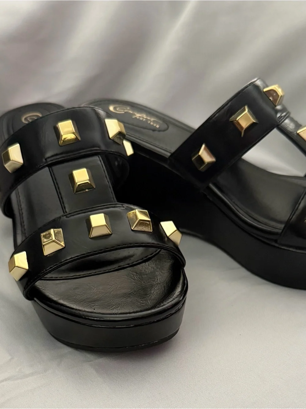 Black Studded Faux Leather Wedge Sandals 3 inch heel